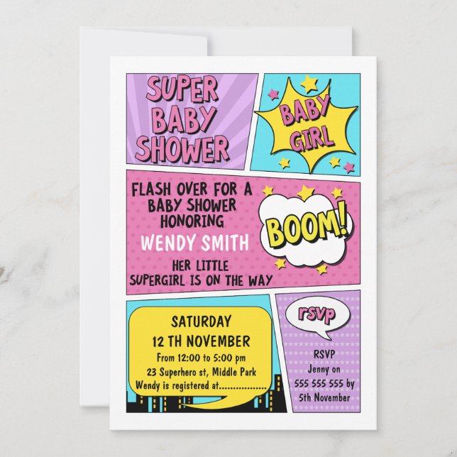 Invitation de Baby showers de Superhero Girls (Devant)