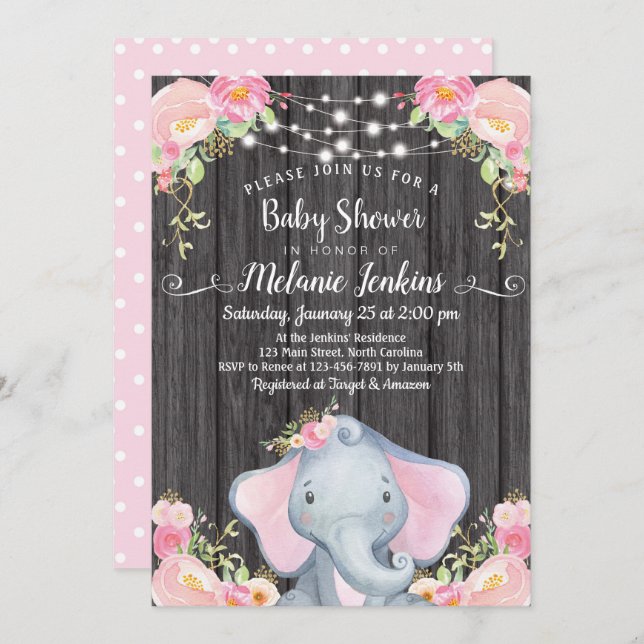 Invitation de Baby showers d'éléphants de filles (Devant / Derrière)