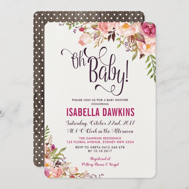 Invitation de Baby showers floraux de Boho Fleur r (Devant / Derrière)
