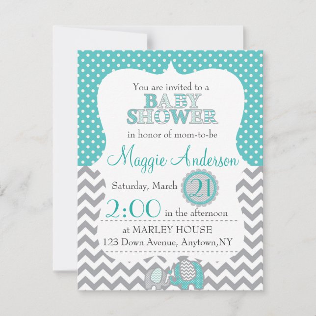 Invitation de Baby showers gris et Turquoises (Devant)