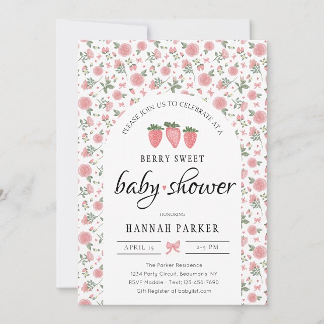 Invitation de Baby showers Rose et fraises (Devant)