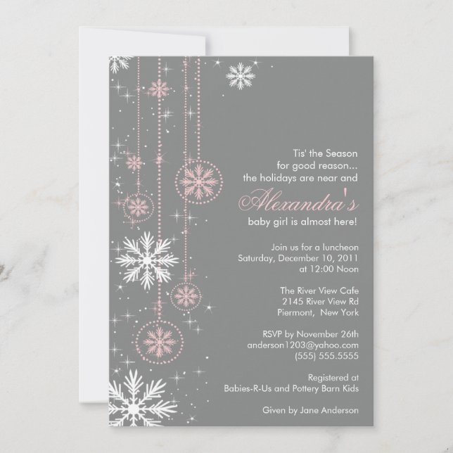 Invitation de Baby showers roses Snowflakes d'hive (Devant)
