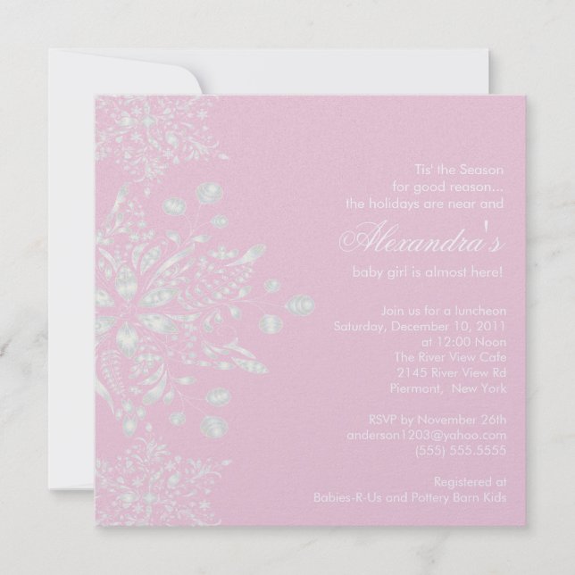 Invitation de Baby showers roses Snowflakes d'hive (Devant)