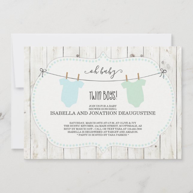 Invitation de Baby showers rustiques pour jumeaux (Devant)