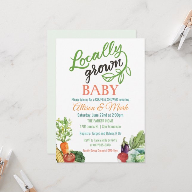 Invitation de Baby showers végétariens cultivés lo (Devant/Arrière en situation)
