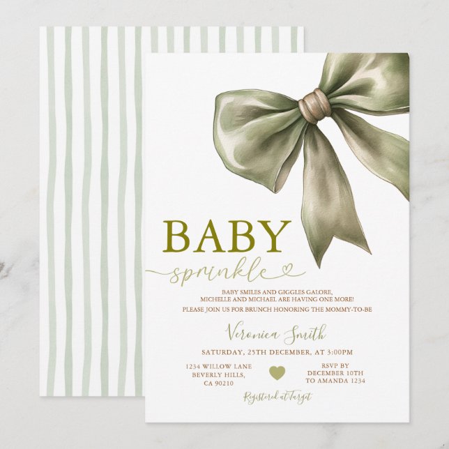 Invitation de Baby Sprinkle à l'arc en ruban vert  (Devant / Derrière)