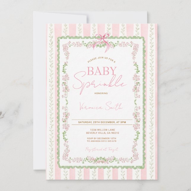Invitation de Baby Sprinkle au Ruban Floral Rose (Devant)