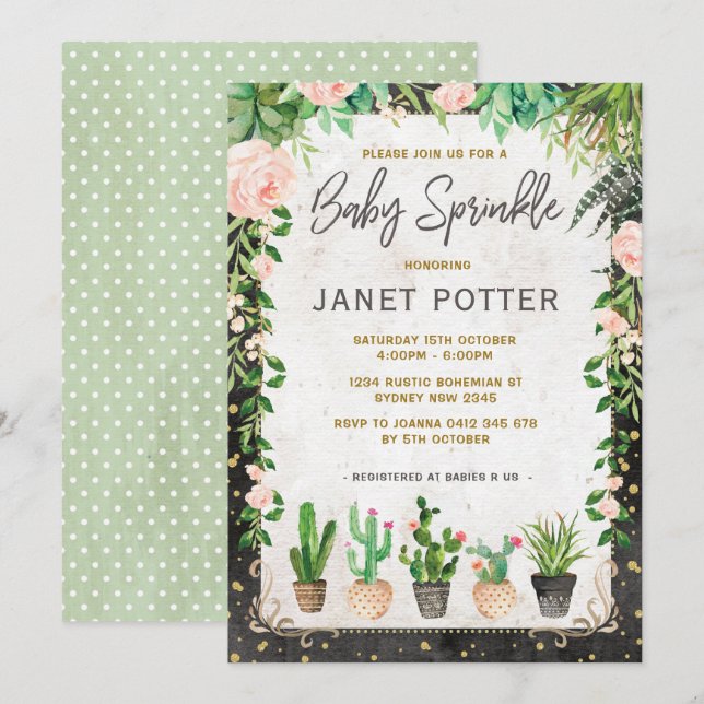 Invitation de Baby Sprinkle Fiesta Bébé Cactus Ver (Devant / Derrière)