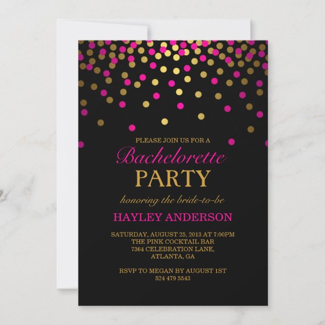 Invitation de Bachelorette Confettis Rose & Or (Devant)