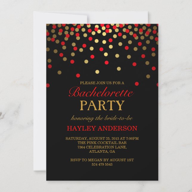 Invitation de Bachelorette Red & Gold Confetti (Devant)
