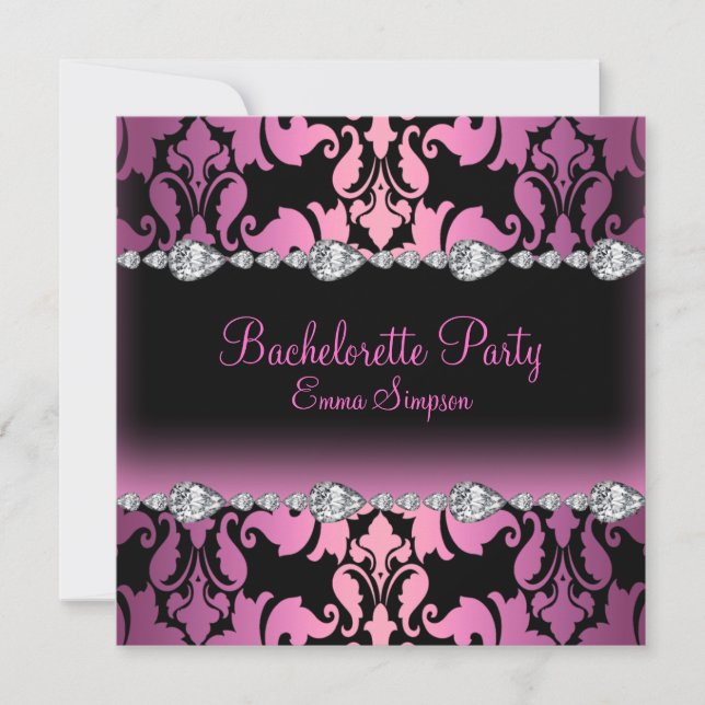 Invitation de bachelorette rose et noir Damask & d (Devant)