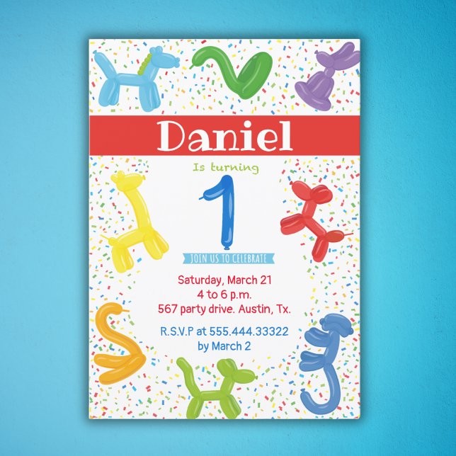 Invitation de ballons animaux de premier anniversa (Créateur téléchargé)