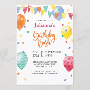Invitation de Ballons Anniversaire Bash