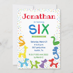 Invitation de ballons d'animaux de 6e anniversaire
