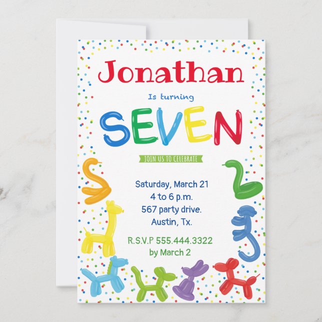 Invitation de ballons d'animaux de 7e anniversaire (Devant)