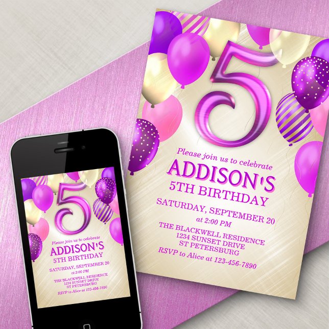 Invitation de ballons roses 5e anniversaire (Créateur téléchargé)