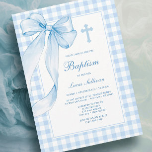 Invitation de baptême à carreaux au ruban bleu