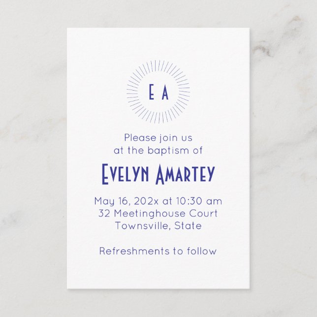 Invitation de baptême à cercle de monogramme bleu (Devant)