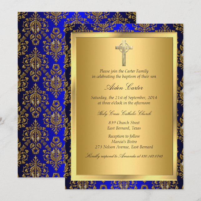Invitation de baptême à croix damassée bleu royal  (Devant / Derrière)