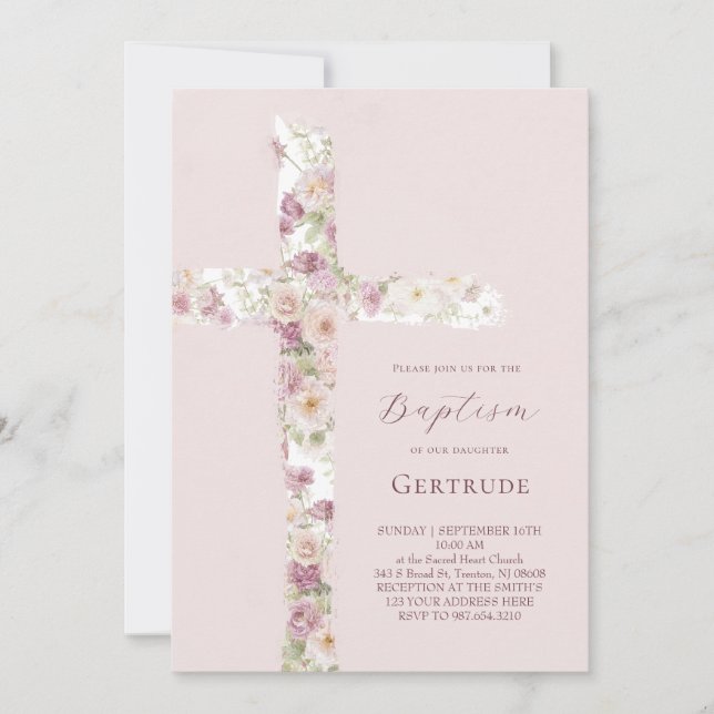 Invitation de baptême à fleurs à l'aquarelle et cr (Devant)