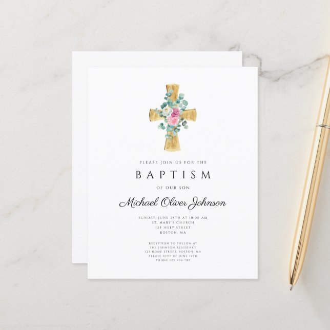 Invitation de baptême à fleurs de pivoine roses cr (Devant/Arrière en situation)