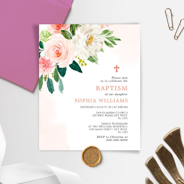 Invitation de baptême à fleurs de rose rose pastel (Créateur téléchargé)