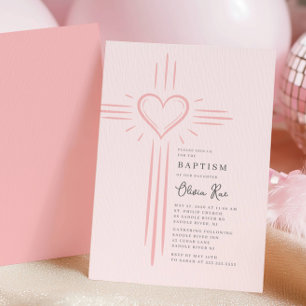Invitation de baptême à la croix de cœur rose