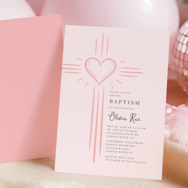 Invitation de baptême à la croix de cœur rose (Créateur téléchargé)