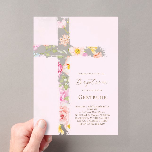 Invitation de baptême à la croix florale aquarelle (In situ (ordinateur de poche))