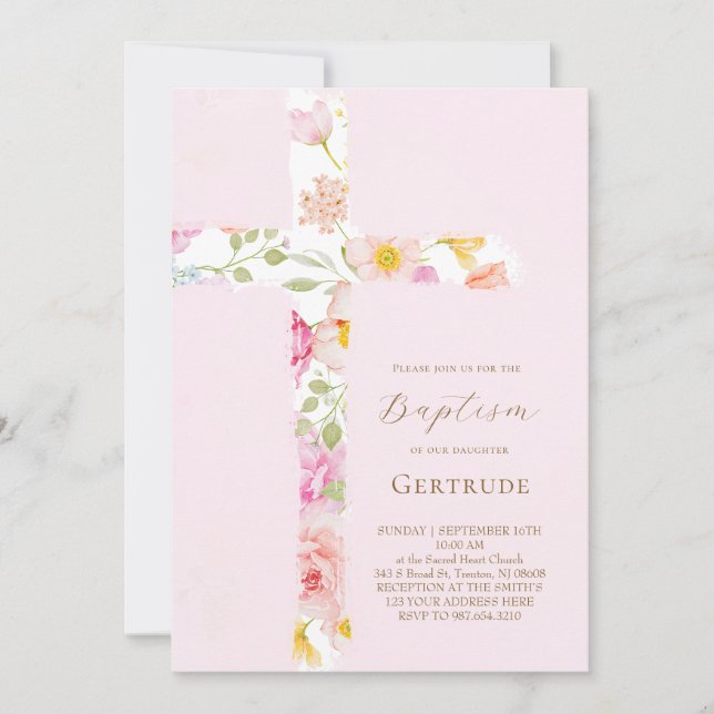 Invitation de baptême à la croix florale aquarelle (Devant)