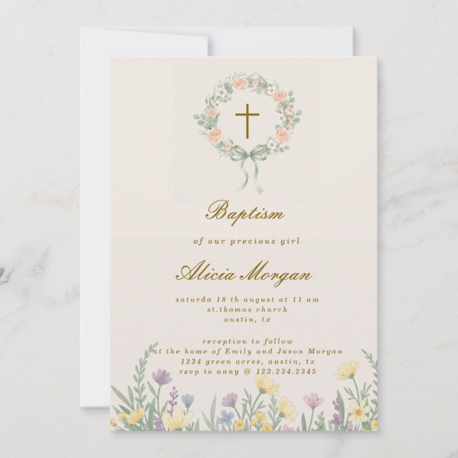 Invitation de baptême à la croix florale de jardin (Devant)