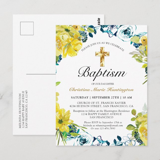 Invitation de baptême à la croix florale dorée jau (Devant / Derrière)