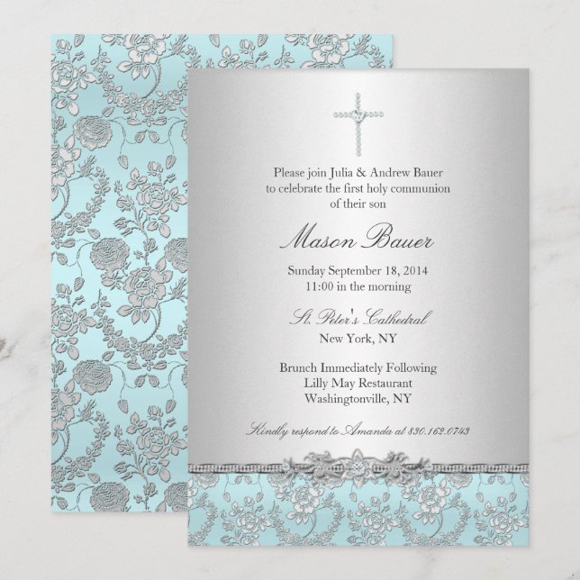 Invitation de baptême à la Rose Bleue & à la Croix (Devant / Derrière)