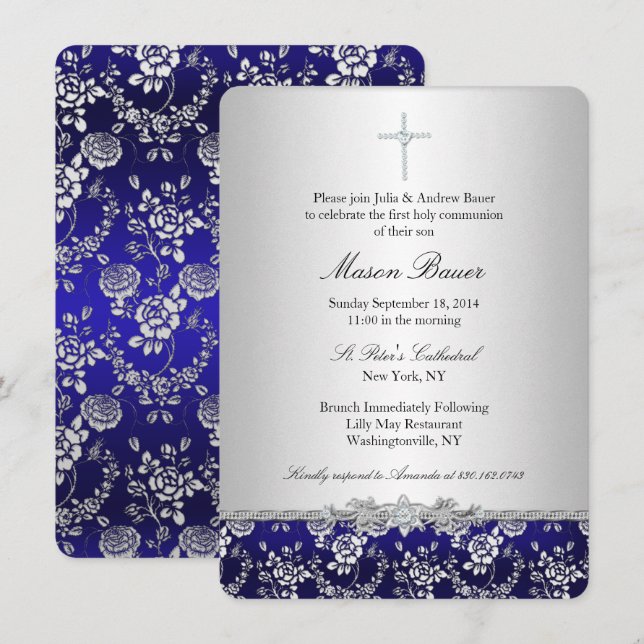 Invitation de baptême à la Rose Bleue & à la Croix (Devant / Derrière)