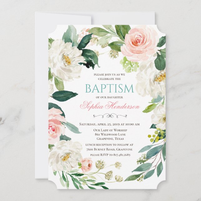 Invitation de baptême à l'aquarelle florale (Devant)