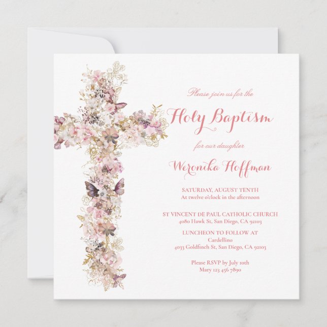 Invitation de baptême à l'aquarelle florale printe (Devant)