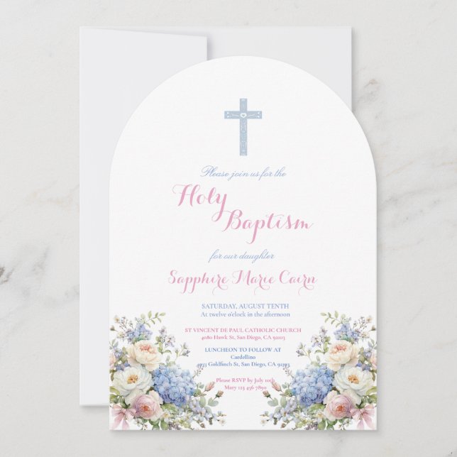 Invitation de baptême à l'aquarelle florale printe (Devant)