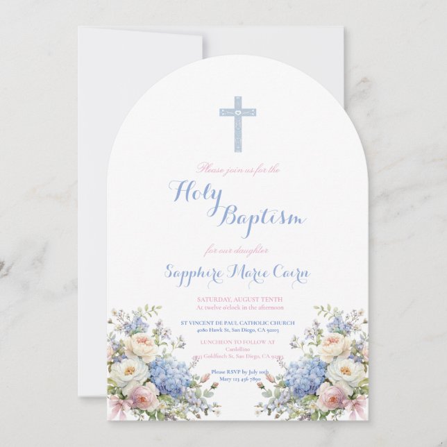 Invitation de baptême à l'aquarelle florale printe (Devant)