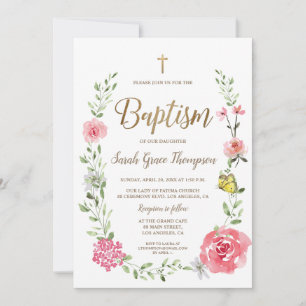 Invitation de baptême à l'aquarelle florale rose a