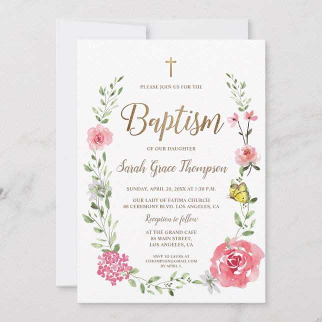 Invitation de baptême à l'aquarelle florale rose a (Devant)