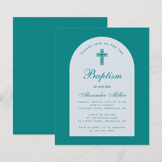 Invitation de baptême à l'arc de script sarcelle B (Devant / Derrière)