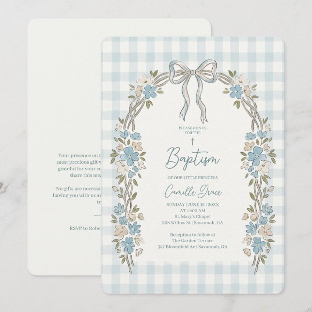 Invitation de baptême à l'arc floral bleu délicat (Devant / Derrière)