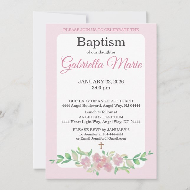Invitation de baptême à motif de croix aquarelle f (Devant)