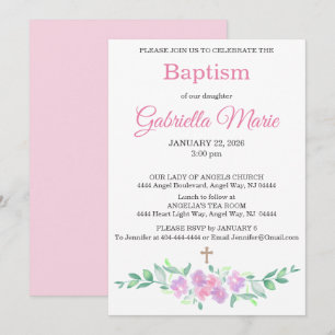 Invitation de baptême à motif floral aquarelle ros