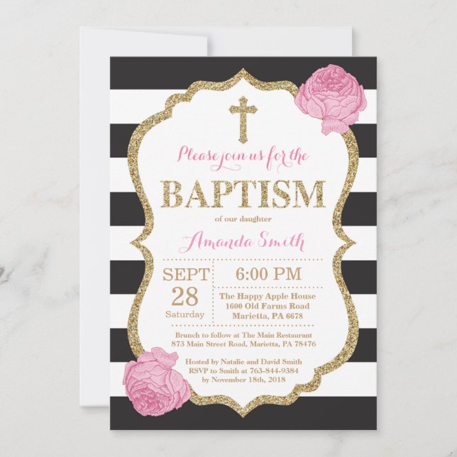 Invitation de baptême à paillettes noires roses et (Devant)