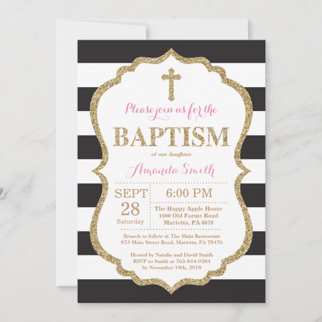 Invitation de baptême à paillettes noires roses et (Devant)