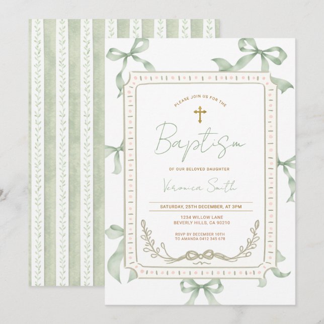 Invitation de baptême à ruban vert sauge (Devant / Derrière)