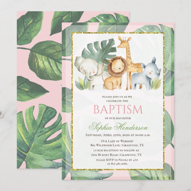 Invitation de baptême Animaux de la jungle Animaux (Devant / Derrière)