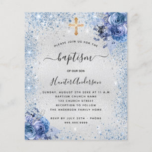 Invitation de baptême argenté bleu garçon floral b
