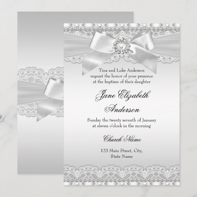 Invitation de baptême argentée avec dentelle et nœ (Devant / Derrière)